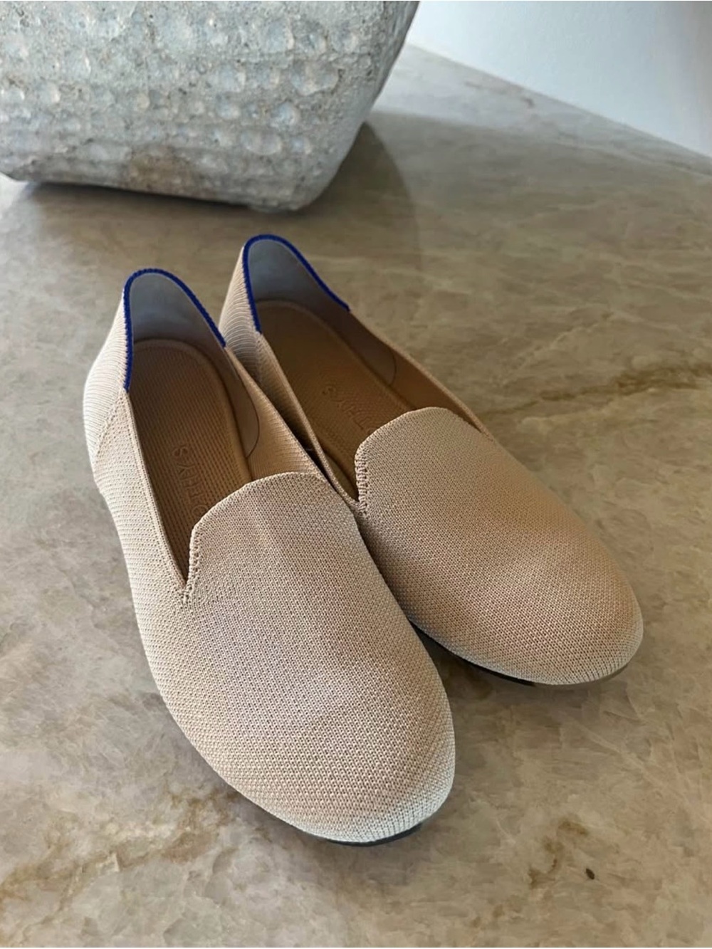 Beige Women's Slip-On Loafers with Blue Trim
